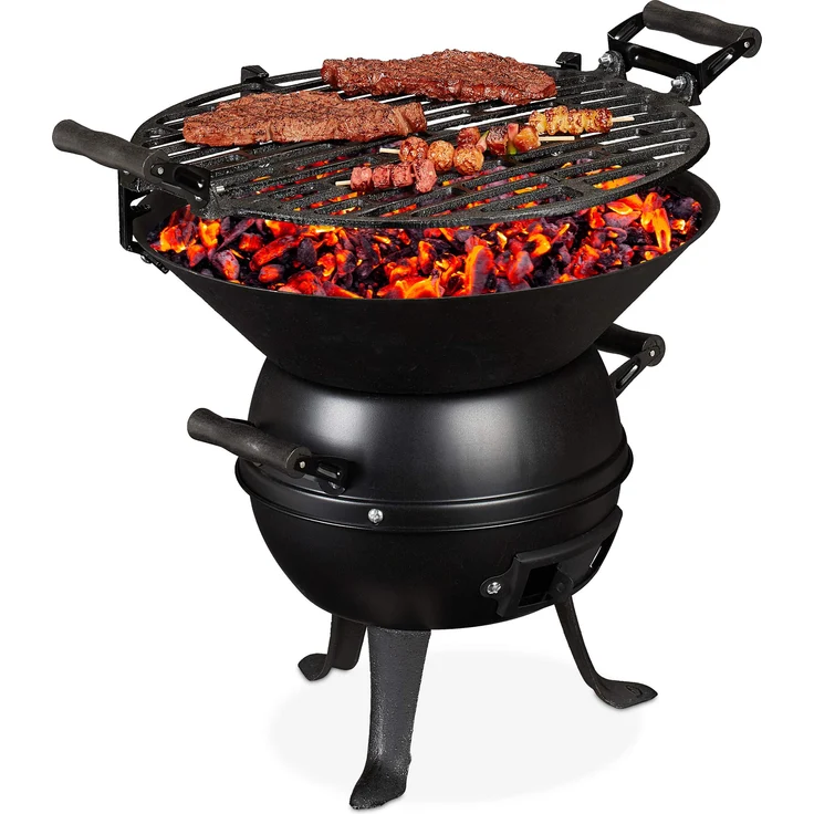 Relaxdays Holzkohlegrillfass klein, Gusseisen und Stahl, höhenverstellbar, tragbar, Barbecue Holzkohlegrill, Holzkohlegrillrost 35 cm, schwarz – Bild 1