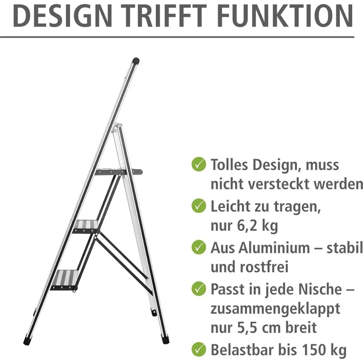 WENKO Leichte Aluminium Trittleiter mit 3 Stufen für 75 cm höheren Stand, rutschsichere XXL-Stufen, Design Klapptrittleiter mit 44 x 127 x 5,5 cm, Süd zertifiziert, matt silber – Bild 3
