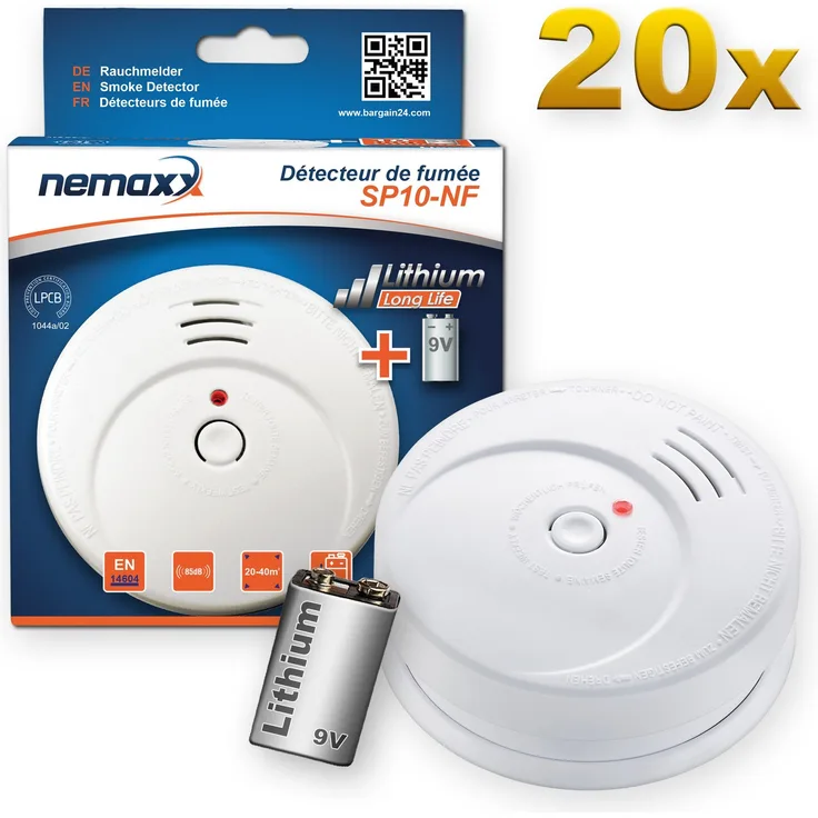 20x Nemaxx SP10-NF Rauchwarnmelder - langlebiger Rauchmelder mit 9V Lithiumbatterie DIN EN14604