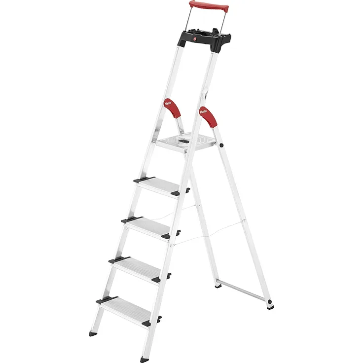 Hailo ComfortLine XXR Alu-Haushaltsleiter (5 XXL-Stufen, EasyClix, Ablageschale, ausziehbarer Haltebügel, belastbar bis 150 kg, Anti-Rutsch Riffelung) 8030-507