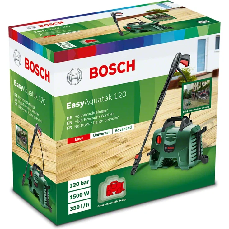 Bosch DIY EasyAquatak 120 Hochdruckreiniger 3 x Düse, Hochdruckpistole, transparenter Wasserfilter, 5 m Kabel, 5 m Schlauch, Karton, 1500 Watt, Druck: 120 bar, max. Fördermenge: 350 l-h – Bild 4