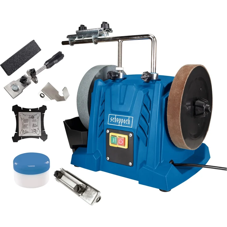 Scheppach Nass-Schleifsystem TIGER 5000S inkl. Homekit | 150W Induktionsmotor | Schleifstein aus Edelkorund mit Ø 200mm | Vorrichtung 40/60 / 70 | Abziehpaste | Steinpräparierer | Winkellehre – Bild 1