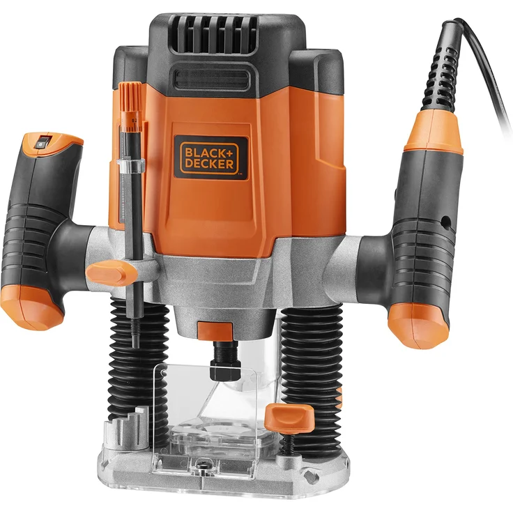 Black+Decker KW1200E 1200W Oberfräse, 28.000 1-min, max. Fäserdurchmesser 38 mm (inkl. 3 Spannzangen, Parallelanschlag, Zirkel, Staubabsaugevorrichtung, Kopierhülse (17 mm), 1200 W, 230 V, Orange – Bild 1