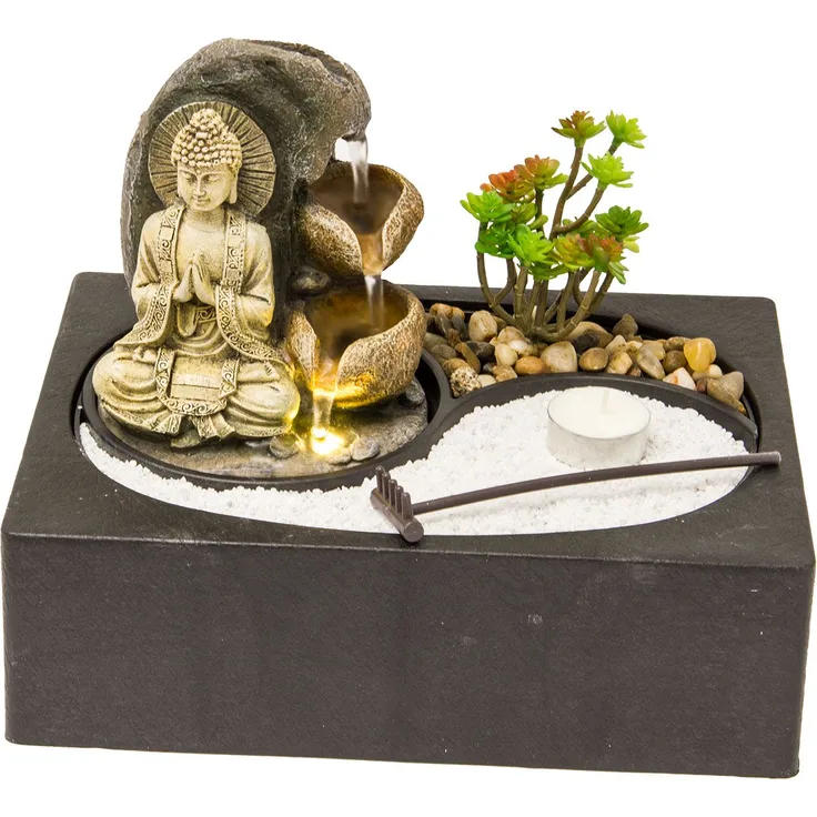 Zimmerbrunnen mit Zen-Garten, LED Beleuchtung, Tischbrunnen Buddha