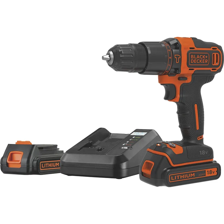 Schlagbohrmaschine 2-Gang 18 V 2 Ah Ion mit Koffer, 2 Akkus 2 Ah und Ladegerät 1 Amp Black & Decker