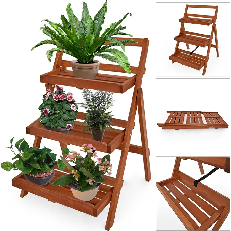 Blumentreppe 3 Stufen Regal 79 x 59 x 56cm Akazienholz Pflanzregal Blumenregal Blumenleiter