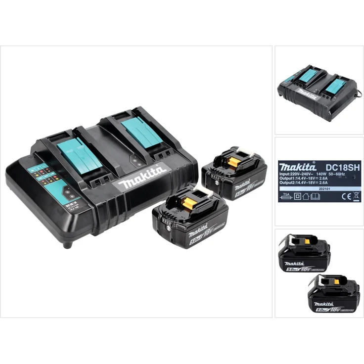 Makita Power Source Kit 18 V mit 2x BL 1850B 5,0 Ah Akku ( 197280-8 ) mit DC 18 SH Doppel Ladegerät ( 199687-4 )