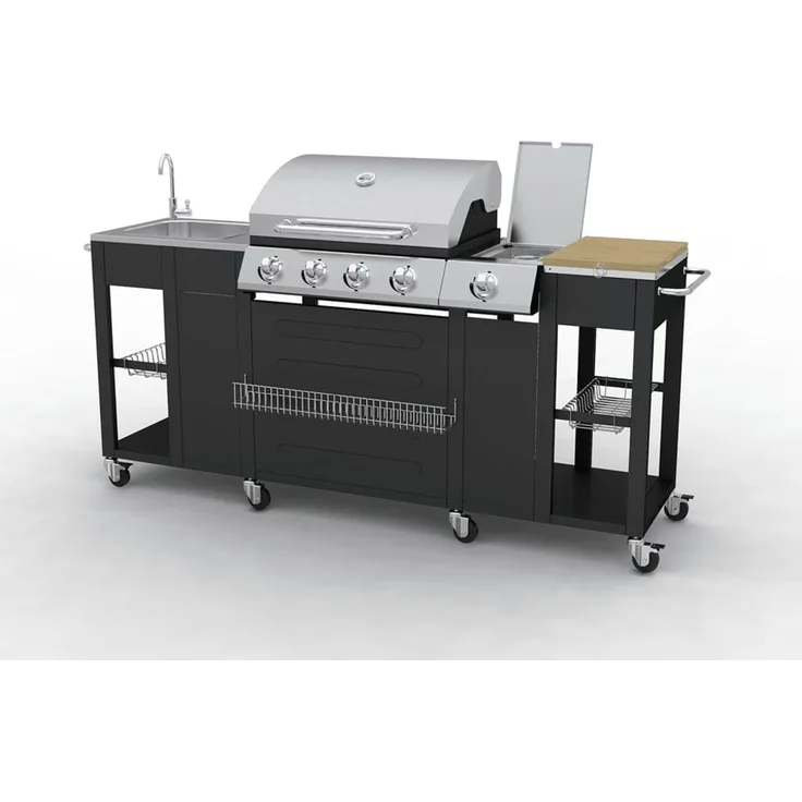 VidaXL Utah Gas-Outdoorküche, 4 Brenner, schwarz, silber, Edelstahl, mit Druckminderer