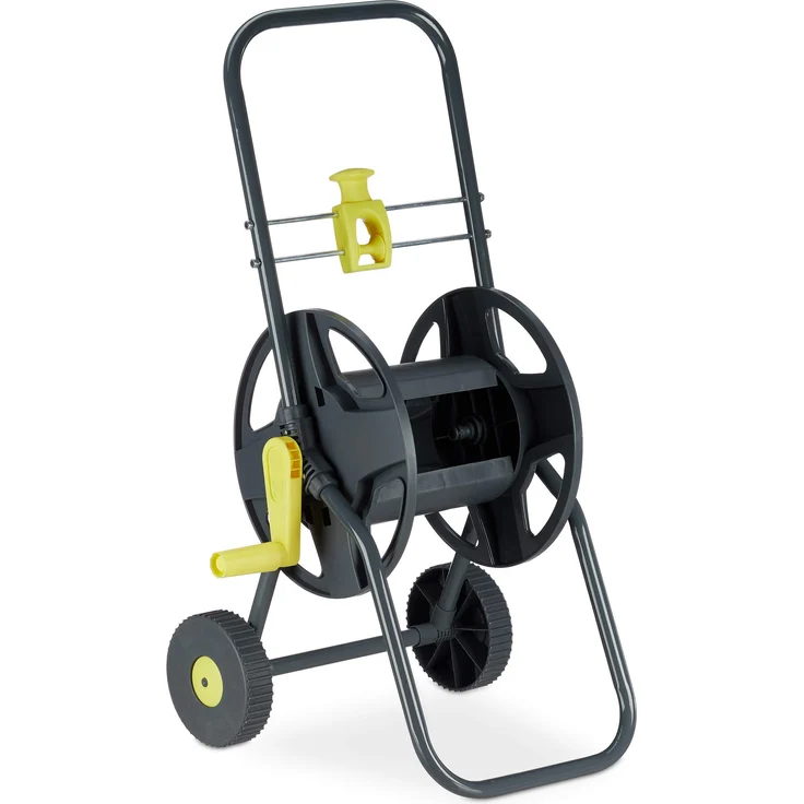 Relaxdays Schlauchwagen 45m, fahrbare Schlauchtrommel für Garten & Balkon, mit Schlauchführung, 76,5x44x41 cm, grau-gelb – Bild 1