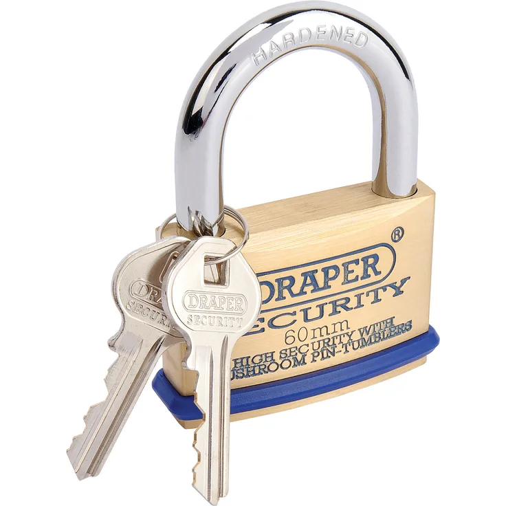 Draper 64163 60Mm Solid Brass Padlock & 2 Keys With Mushroom Pin Tumblers Hardened Steel Shackle & Bumper