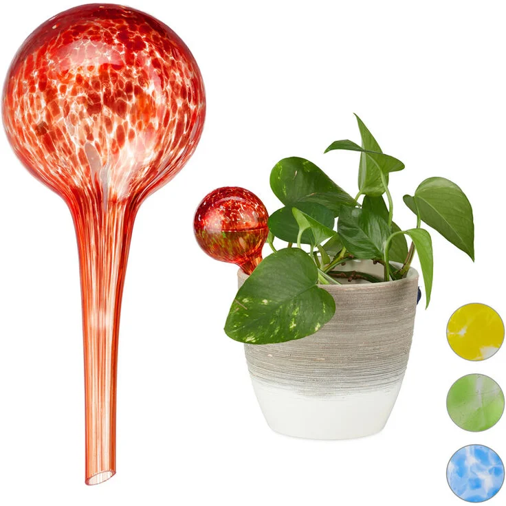 Bewässerungskugel 2er Set, dosierte Bewässerung Pflanzen u. Blumen, Gießhilfe Büro, Urlaub, Ø 6 cm, Glas, rot – Bild 1