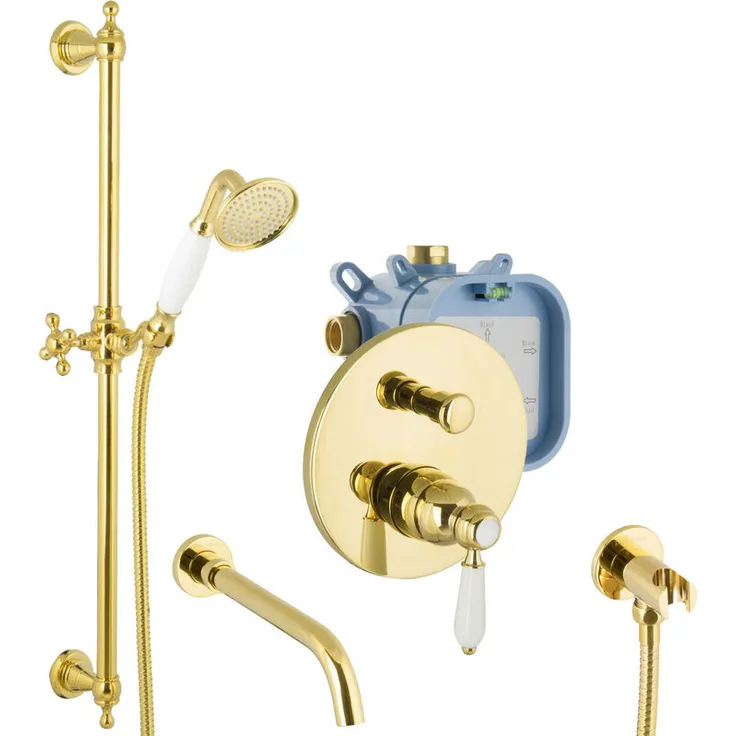 Paulgurkes - Unterputz Set Gold Badewannen-Armatur mit Brausestange UP-Armatur