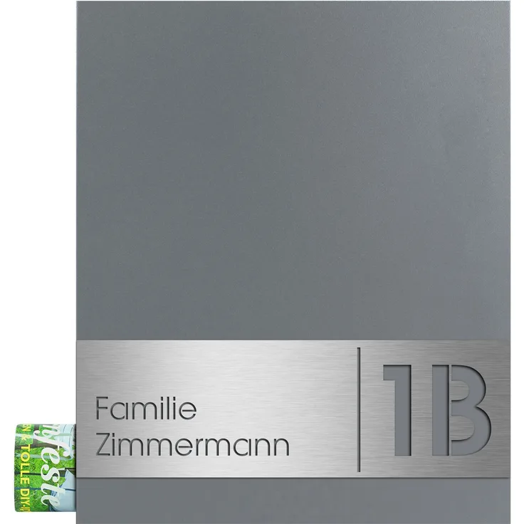 Design-Briefkasten mit Zeitungsfach inkl. Gravur grau-aluminium (RAL 9007) MOCAVI Box 111 Wandbriefkasten