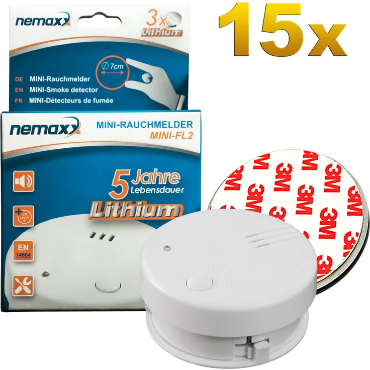 15x Nemaxx Mini-FL2 Rauchmelder - hochwertiger & diskreter Mini Brandmelder Feuermelder Rauchwarnmelder mit Lithium Batterie - nach DIN EN 14604 15x Nemaxx Magnetbefestigung