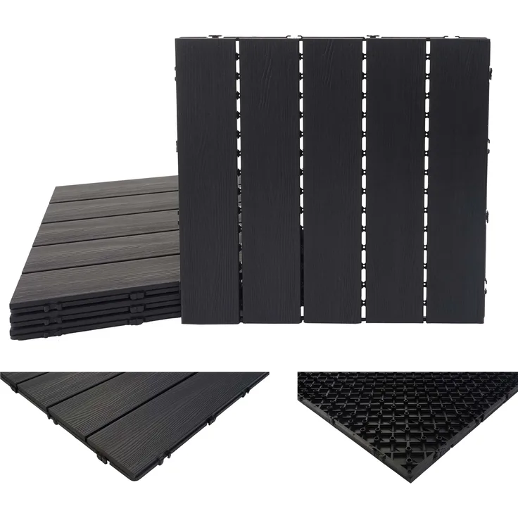 WPC Bodenfliese HWC-E20, Holzoptik Balkon-Terrasse, 3D-Struktur linear 4x je 50x50cm 1qm, geprägt anthrazit