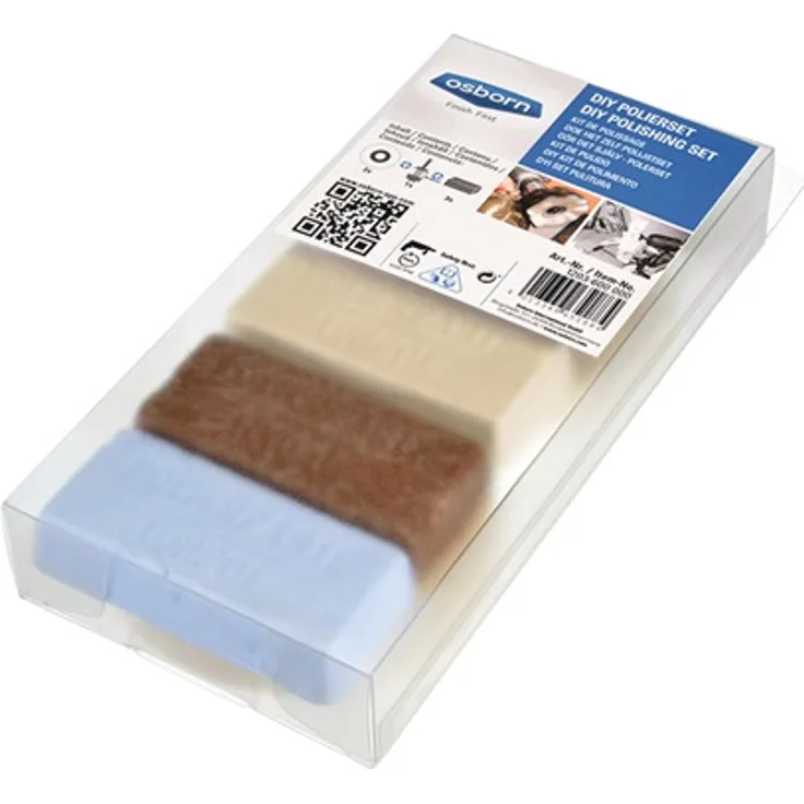 Osborn 1203600000 Polierset für Bohrmaschine, 6-teilig für Metall D 85-80 1x Baumwolltuch-Ring, 1 x Filzscheibe, 3 Polierpasten weiß, braun, blau, Schaft D6 mm
