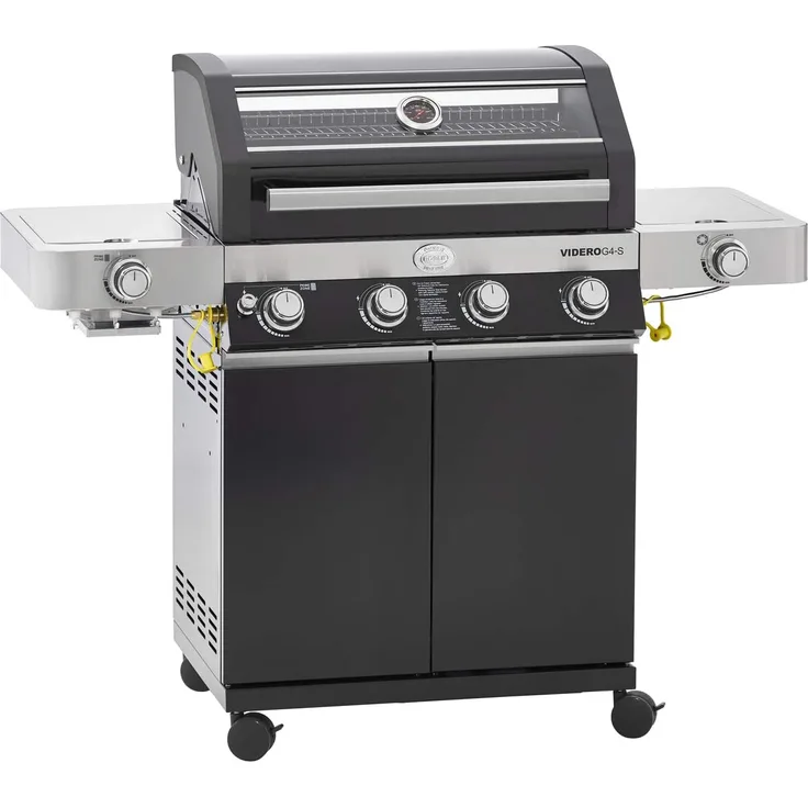 RÖSLE Gasgrill BBQ-Station VIDERO G4-S Vario+ Nero Schwarz, Grill mit 4 Edelstahlbrennern, extra Primezone und Seitenbrenner, klappbare Seitentische, VARIO+, pulverbeschichteter Stahl, Version 2021