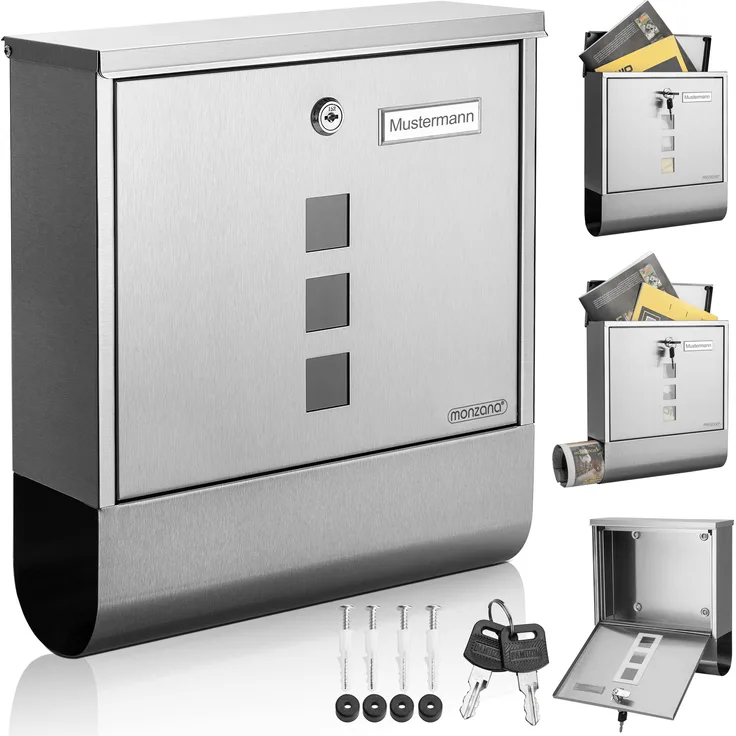 monzana Design Briefkasten Edelstahl silber mit Zeitungsfach Sichtfenster 2 Schlüssel Namensschild Wandbriefkasten