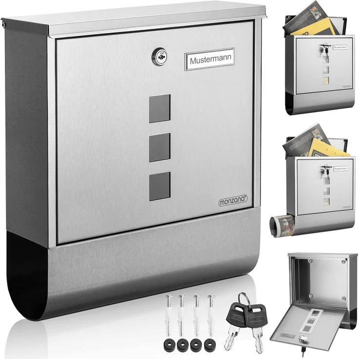 monzana Design Briefkasten Edelstahl silber mit Zeitungsfach Sichtfenster 2 Schlüssel Namensschild Wandbriefkasten – Bild 1