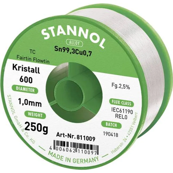 Stannol Kristall 600 Fairtin Lötzinn, bleifrei bleifrei Sn0.7Cu 250g 1.0mm