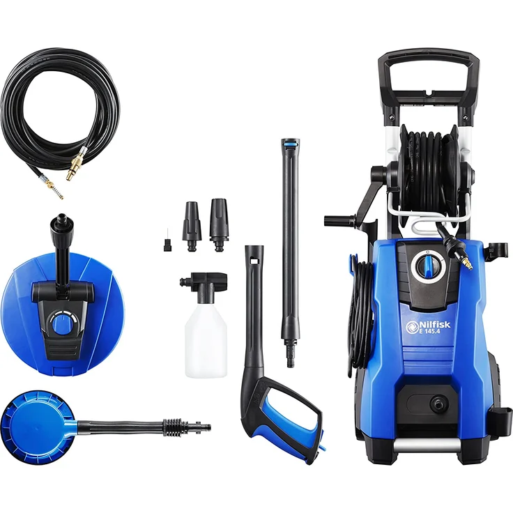 Nilfisk E 145.4-9 PAD X-TRA EU 145 bar 500 l pro h Hochdruckreiniger für Haushalt, Außenbereich, Autowäsche und Gartenarbeiten inklusive Terrassenreinigungsset 2100-W-Induktionsmotor, 230 V blau – Bild 1