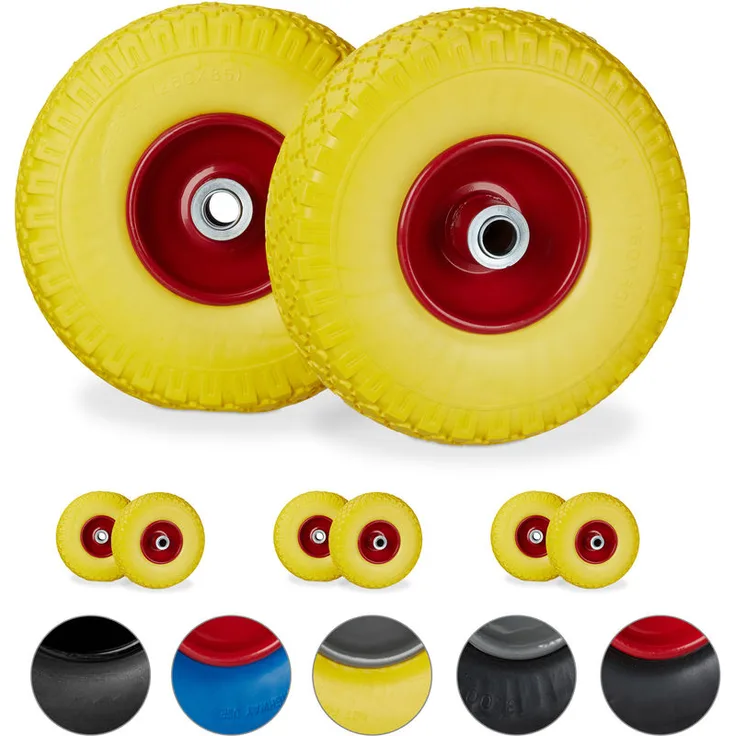 8 x Sackkarrenrad, pannensichere Vollgummireifen, 3.00-4' Stahlfelge, 20 mm Achse, 100kg, Ersatzrad 260 x 85mm, gelb-rot