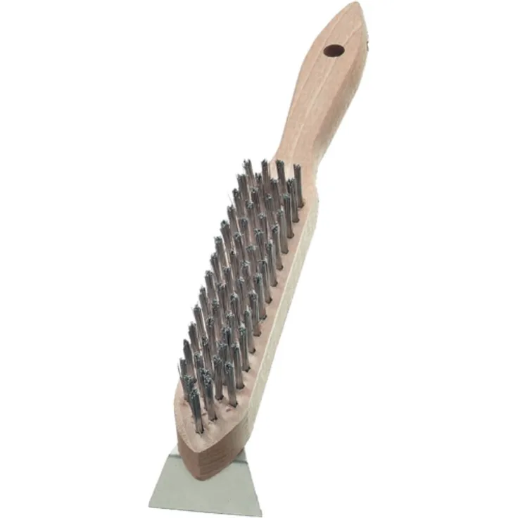 Bürste - Handbürste mit Schaber zur Entfernung von Rost, Schmutz und Farbe | 4 Reihig mit Griff aus Buchenholz | Borsten aus Stahldraht 0,35 mm dick, 25 mm hoch, glatt