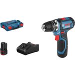 Bosch Professional GSR 12V-15 FC 12V System Akku Bohrschrauber (inkl. 2 x 2,0 Ah Akku, Schnellladegerät, Bohrfutteraufsatz, L-BOXX)