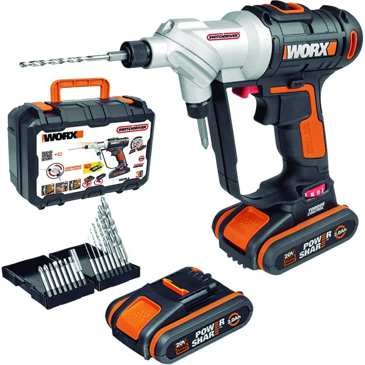 WORX WX176.3 SwitchDriver Akkuschrauber 20V mit drehbarem Doppel-Bohrfutter Elektrische Drehmoment-Einstellung & LED-Licht 16-tlg. Bit-Set, 2 Li-Ion Akkus, Ladegerät & Koffer