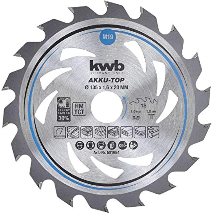kwb 581954 Energy-Saving Kreissäge-Blatt Easy Cut, Ø 135 x 20 mm Dünn-Schnitt mit Spezial-Wechselzahn 18 Zähnen Z18, AKKU-TOP Dünnschnitt, 135 x 20