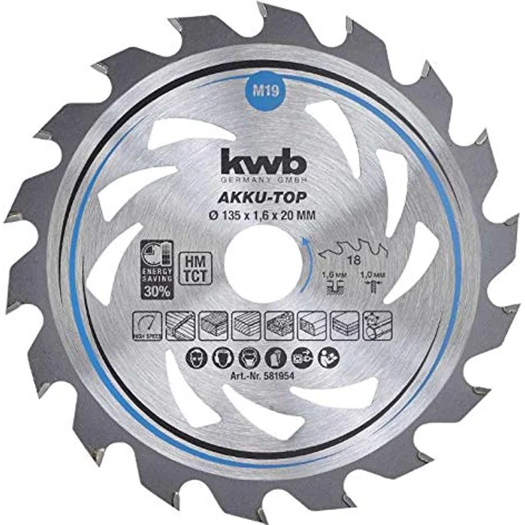 kwb 581954 Energy-Saving Kreissäge-Blatt Easy Cut, Ø 135 x 20 mm Dünn-Schnitt mit Spezial-Wechselzahn 18 Zähnen Z18, AKKU-TOP Dünnschnitt, 135 x 20