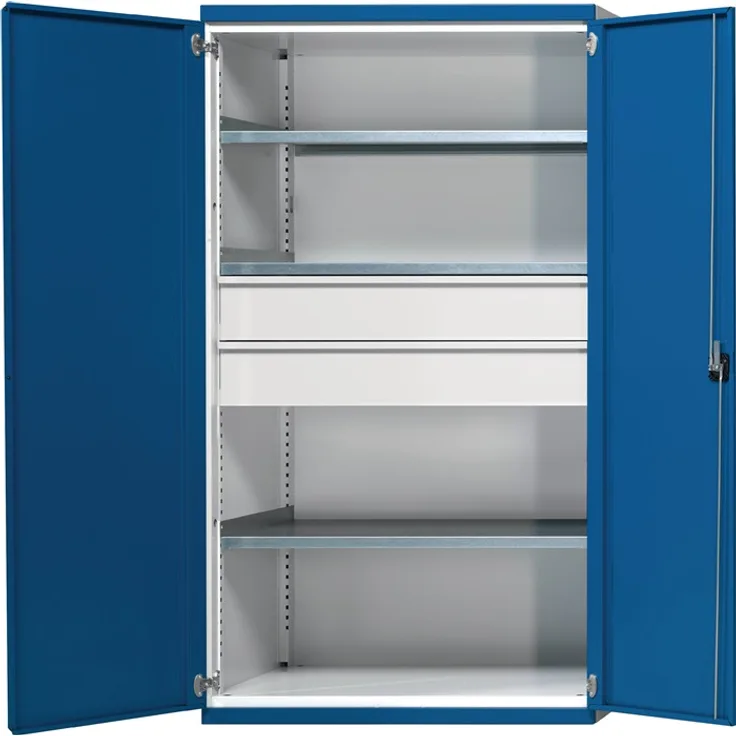 Schwerlastschrank H1950xB1085xT630mm lichtgrau/enzianblau 3 Fbd. 2 x 180mm