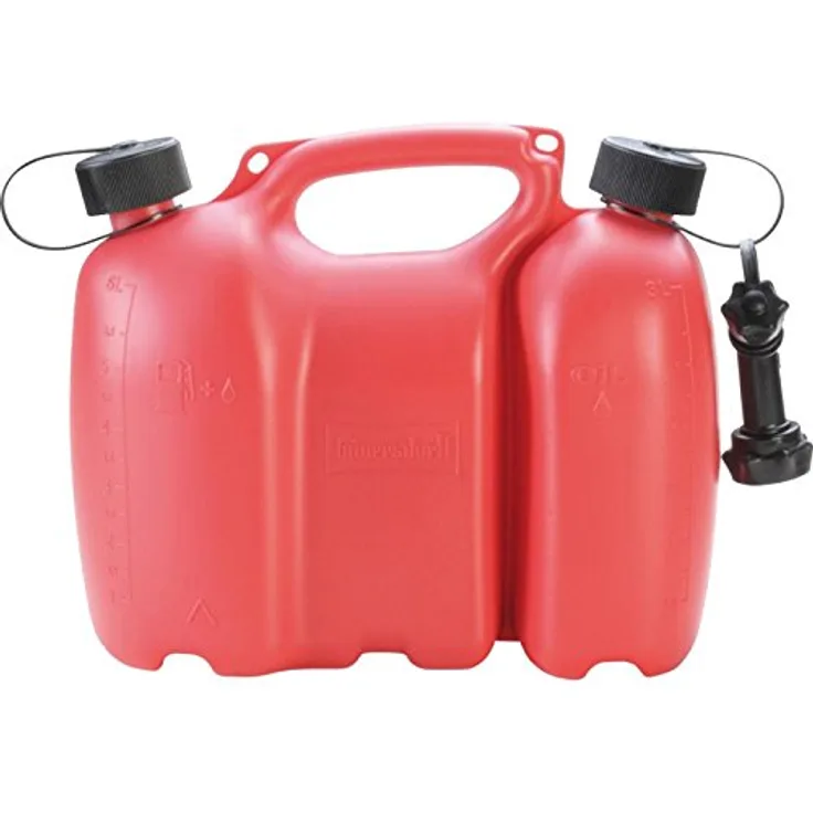 hünersdorff PROFI Doppelkanister - Kombikanister für Kraftstoff und Öl mit Kindersicherung und Auslaufrohr, 6 + 3 Liter, rot, UN-Zulassung, Made in Germany