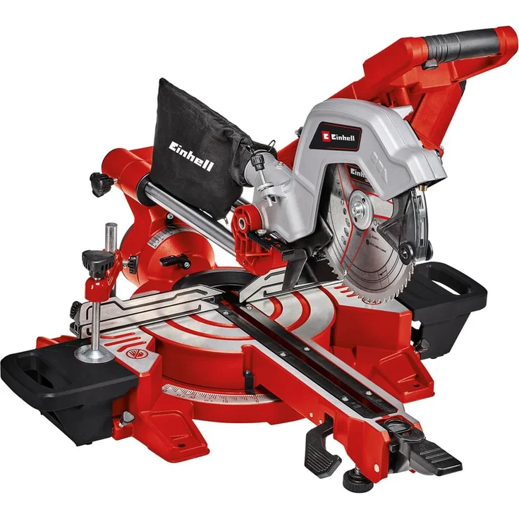 Einhell Zug-Kapp-Gehrungssäge TE-SM 216 Dual (1.800 W, Ø216 x Ø30, 215-305 mm Schnittbreite bei 45°-90°, Winkeleinstellung, Spindle-Lock, Spannvorrichtung, inkl. Hartmetall-Sägeblatt) – Bild 1