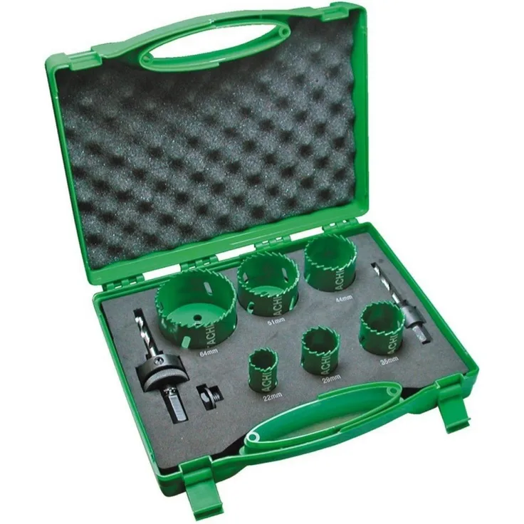 Hitachi Elektriker 752172 – Etui 9-teilig Lochsägensatz HSS 22, 29, 35, 44, 51 und 64 mm + 2 Adapter und 1 Adapter Gewinde