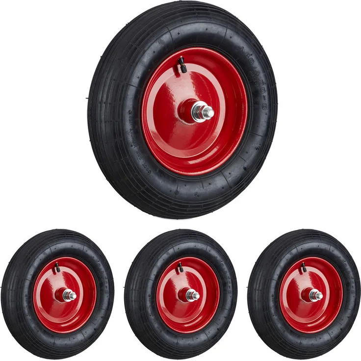 4x Schubkarrenreifen 4.80 4.00-8, Ersatzrad luftbereift mit Achse, Luftreifen 120kg Traglast, Schubkarrenrad, schwarz-rot