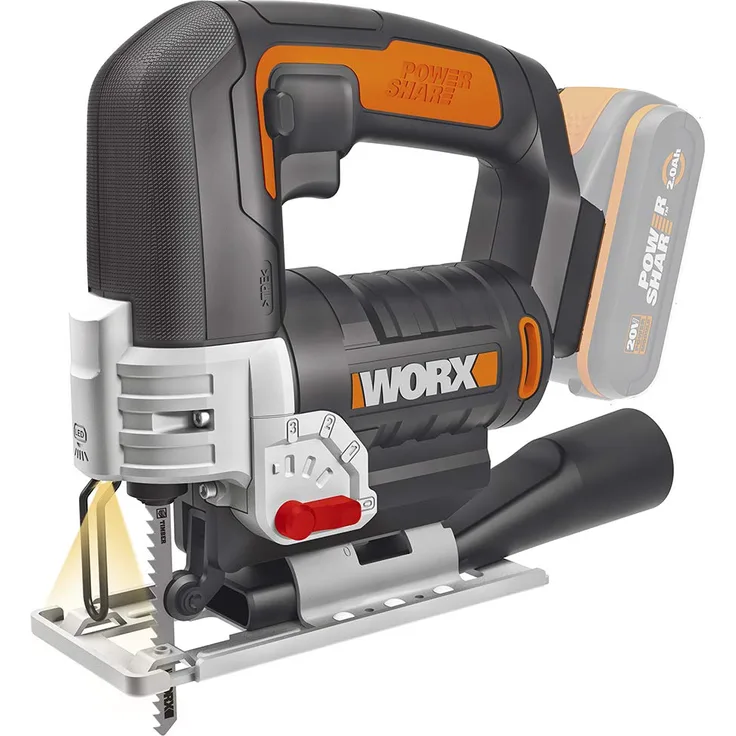Worx WX543.9 Akku-Pendelhub-Stichsäge, mit Absaug-Adapter, ideal auch für Gehrungsschnitte, ohne Akku & Ladegerät