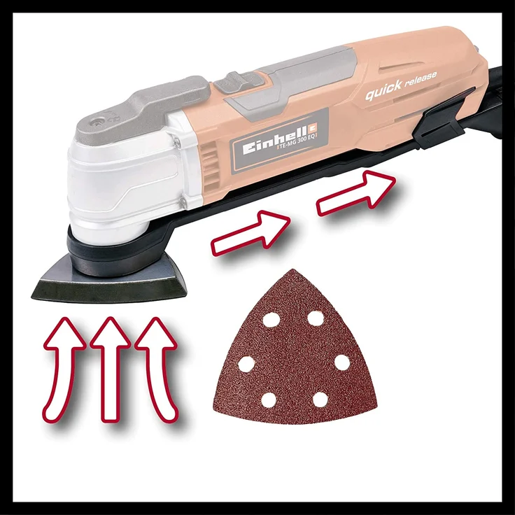 Einhell Multifunktionswerkzeug TE-MG 300 EQ Kit 300 W, max. 11000-20000 min-1, 12-fache Werkzeugaufnahme, inkl. Schleifplatte, 6x Schleifpapier, Schaber, versch. Tauch- und Segmentsägeblätter, Raspel – Bild 4