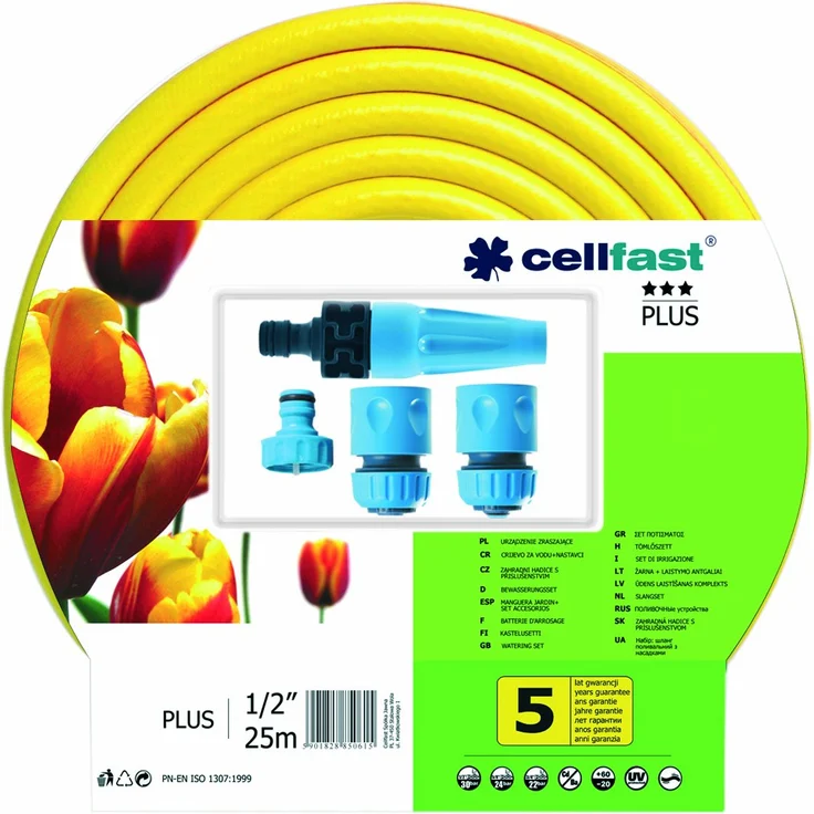 Cellfast Gartenschlauch SET PLUS 3-lagiger Wasserchlauch mit dauerhafter Verstärkung aus Garn höchster Qualität, druck- und UV-beständig, 25 bar Berstdruck, 25m, 1-2 zoll, 10-290