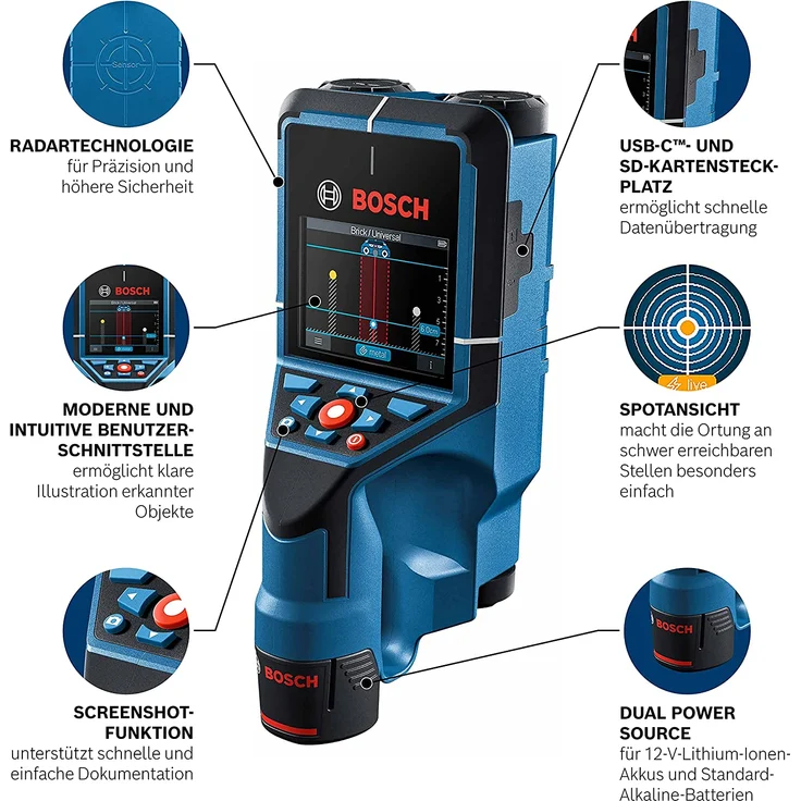 Bosch D-Tect 200 C Wallscanner Leitungssucher Ortung von Bauträger Rohre Leitungsunterbrechnungen Stromleitungen 1x 12V Akku 2,0 Ah L-Boox – Bild 7