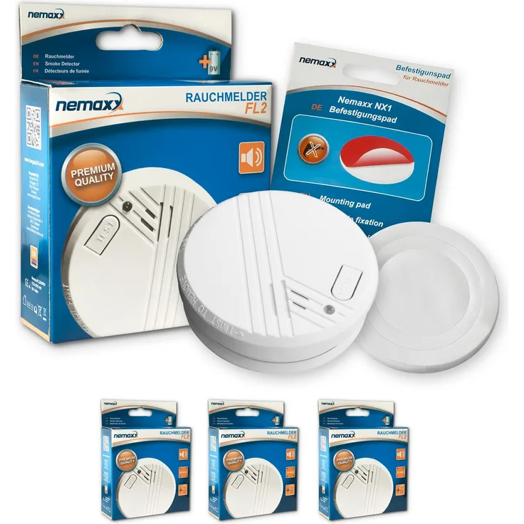 Nemaxx 3X Nemaxx FL2 Rauchmelder - hochwertiger Rauchwarnmelder nach EN 14604 mit sensibler fotoelektrischer Technologie plus 3X Nemaxx NX1 Quickfix Befestigungspad
