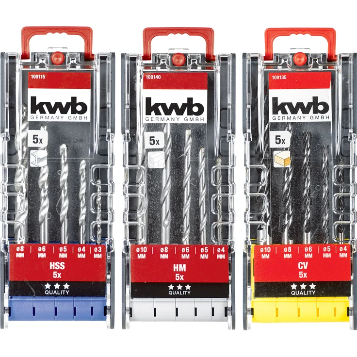 kwb 109156 POWER-BOX Set, 3 Bohrer-Kasetten im Vorteilspack, Metall-Bohrer, Holz-Bohrer und Stein-Bohrer m. je 5 Bohrern