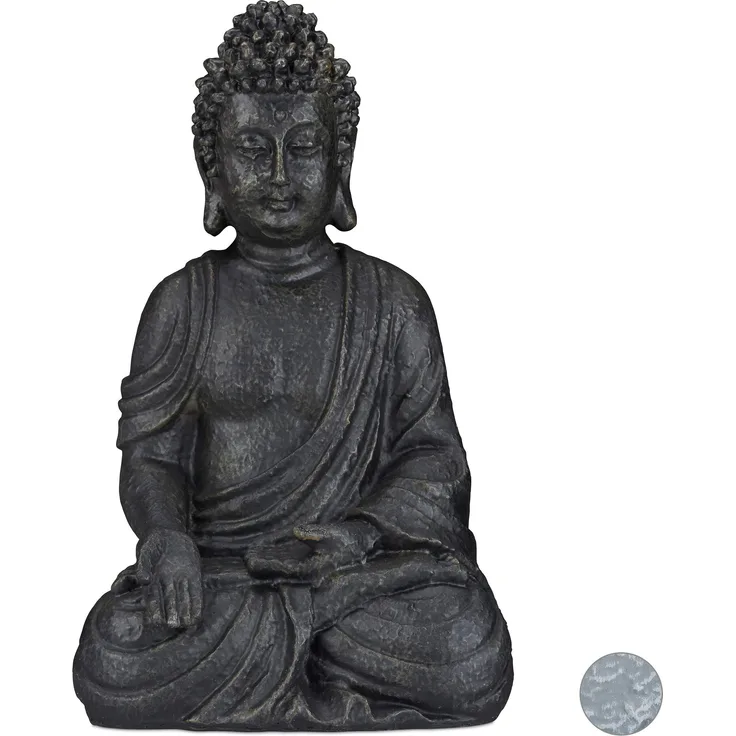 Relaxdays, dunkelgrau sitzende Figur, 40 cm hoch, Feng Shui, Outdoor, Garten Dekofigur, große Zen Buddha Statue
