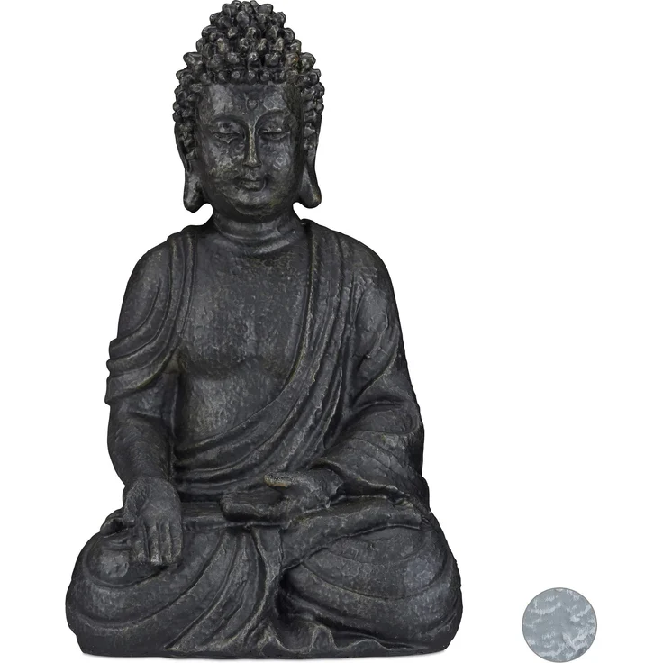 Relaxdays, dunkelgrau sitzende Figur, 40 cm hoch, Feng Shui, Outdoor, Garten Dekofigur, große Zen Buddha Statue