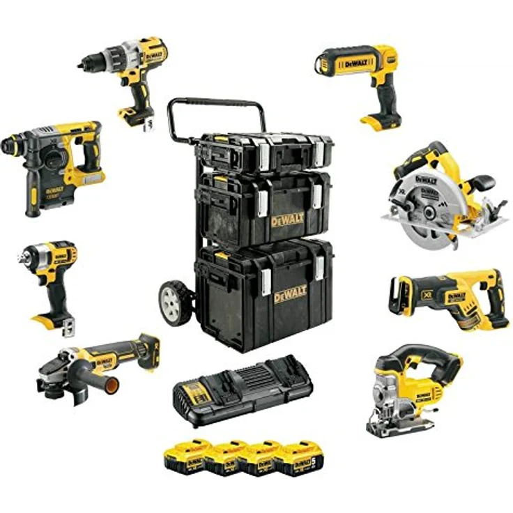 DeWalt DCK854P4-QW 18 V, 5.0 Ah Profi Kombo-Pack (bestehend aus: Schlagbohrschrauber, Schlagschrauber, Kombi-Hammer, Winkelschleifer, Säbelsäge, Multi-Tool, Pendelhubsäge, Handkreissäge, LED-Leuchte, 4x Akkus, Tough-System), 18 V