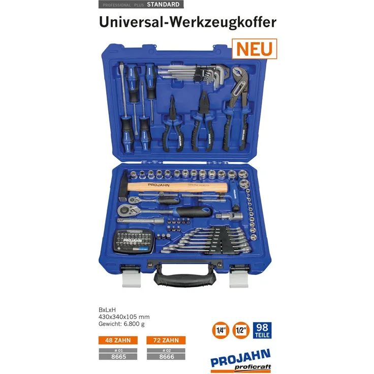 Projahn Werkzeugkoffer Set proficraft 98 tlg. 1-4''+1-2'' 8666