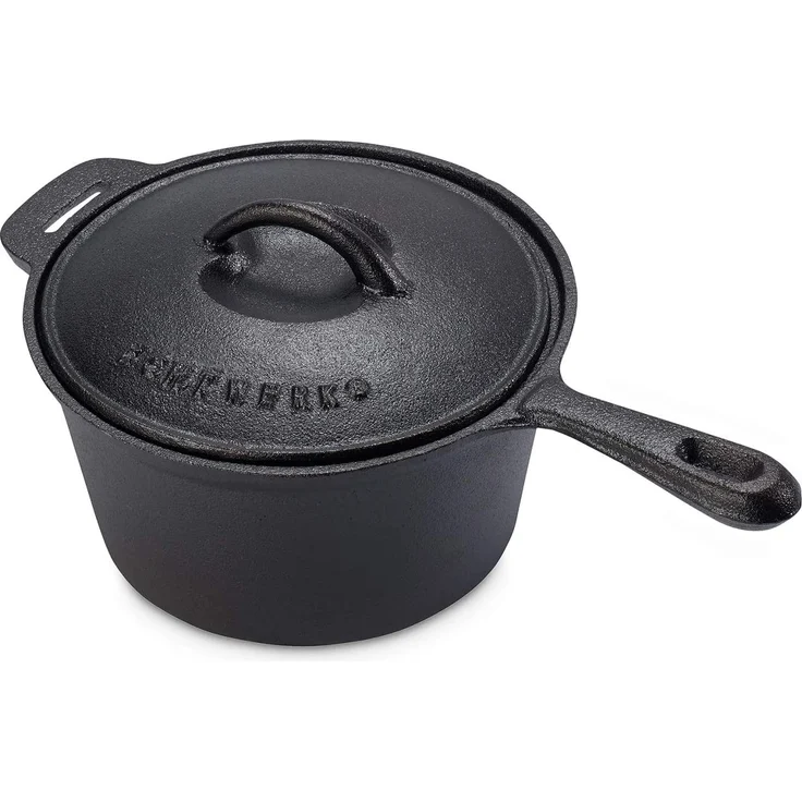 Echtwerk 7-teiliges Dutch Oven Set aus Gusseisen in Holzkiste, Kochtopf-Set aus verschiedenen Größen mit Kochtopf, Stieltopf, Grillplatte, Pfanne, Deckelheber und Untersetzer zum Kochen und Braten – Bild 3