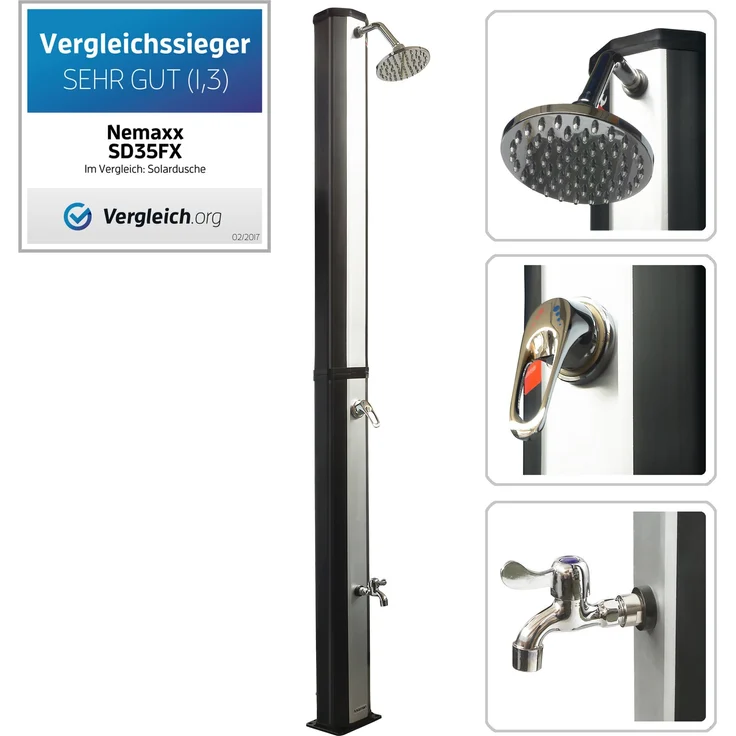 Nemaxx SD35FX Solardusche - silberfarbene Gartendusche mit UV-beständigem Wassertank 35 Liter - mit Fußdusche/Wasserhahn und schwenkbarem Regenduschkopf