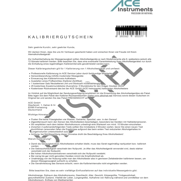 ACE A 100082 Kalibrier-Gutschein