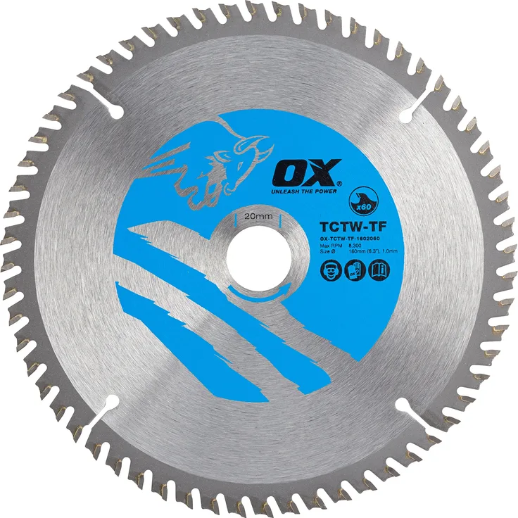 OX Tools OX-TCTW-TF-1602060 OX Wood Cutting Thin Kerf Circular 160-20mm, 60 Teeth ATB Saw Blade, Silver-Blue, 160-20 mm